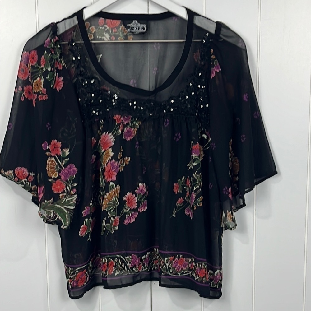 Angie Womens Top S Blsck Pink Sheer Floral Wide 1/2 Sleeves Sequin Neckline EUC